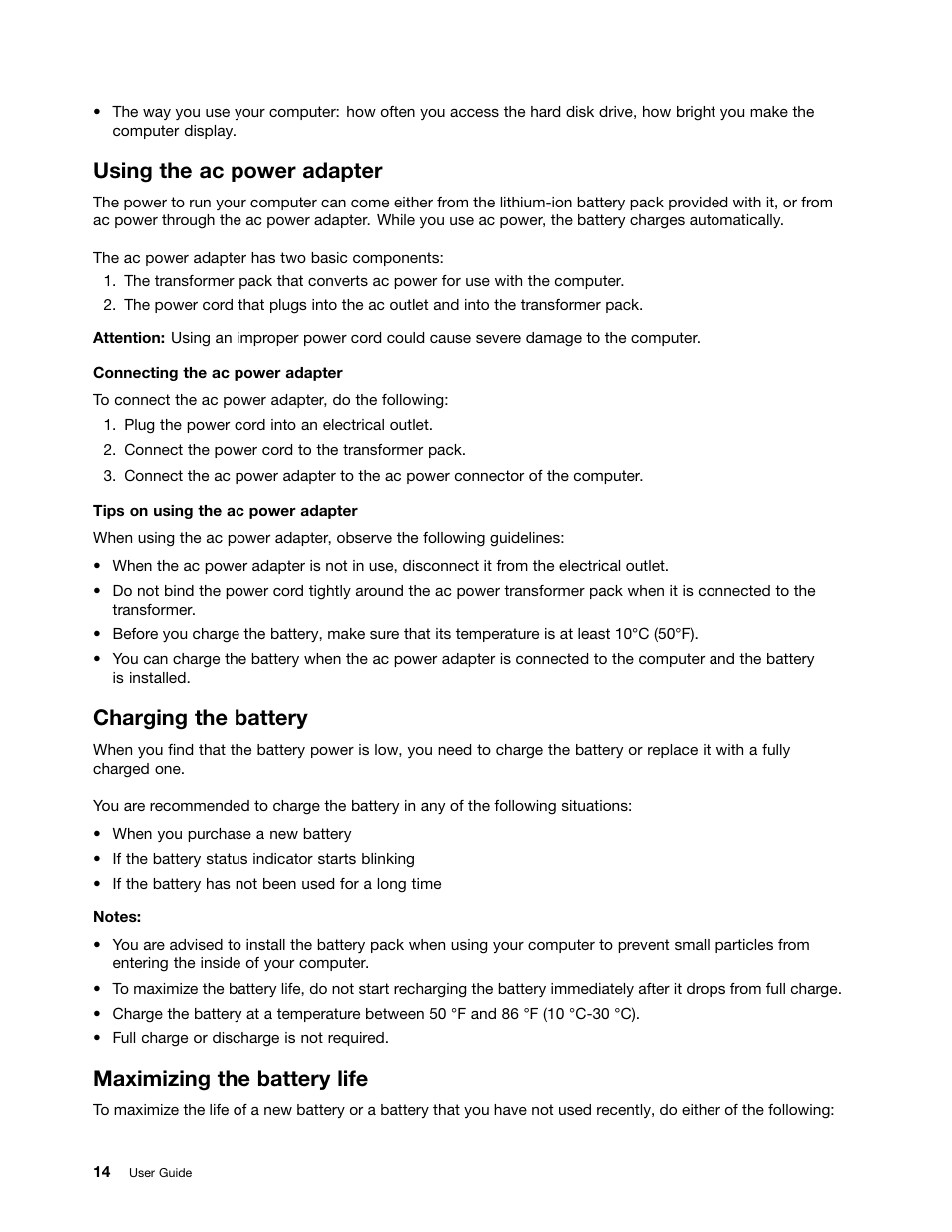 Using the ac power adapter, Charging the battery, Maximizing the battery life | Lenovo E49 Notebook User Manual | Page 28 / 80
