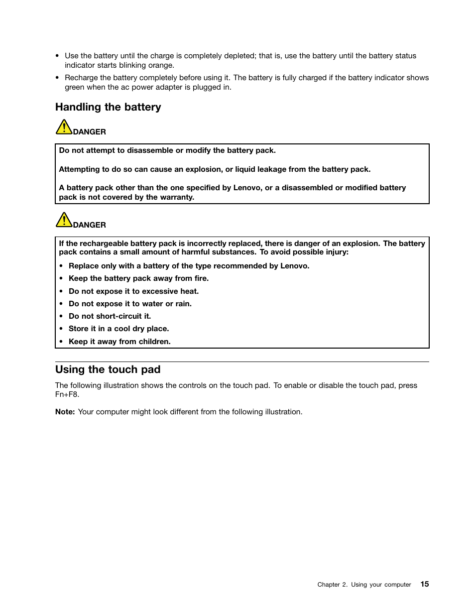 Handling the battery, Using the touch pad | Lenovo E49 Notebook User Manual | Page 29 / 80