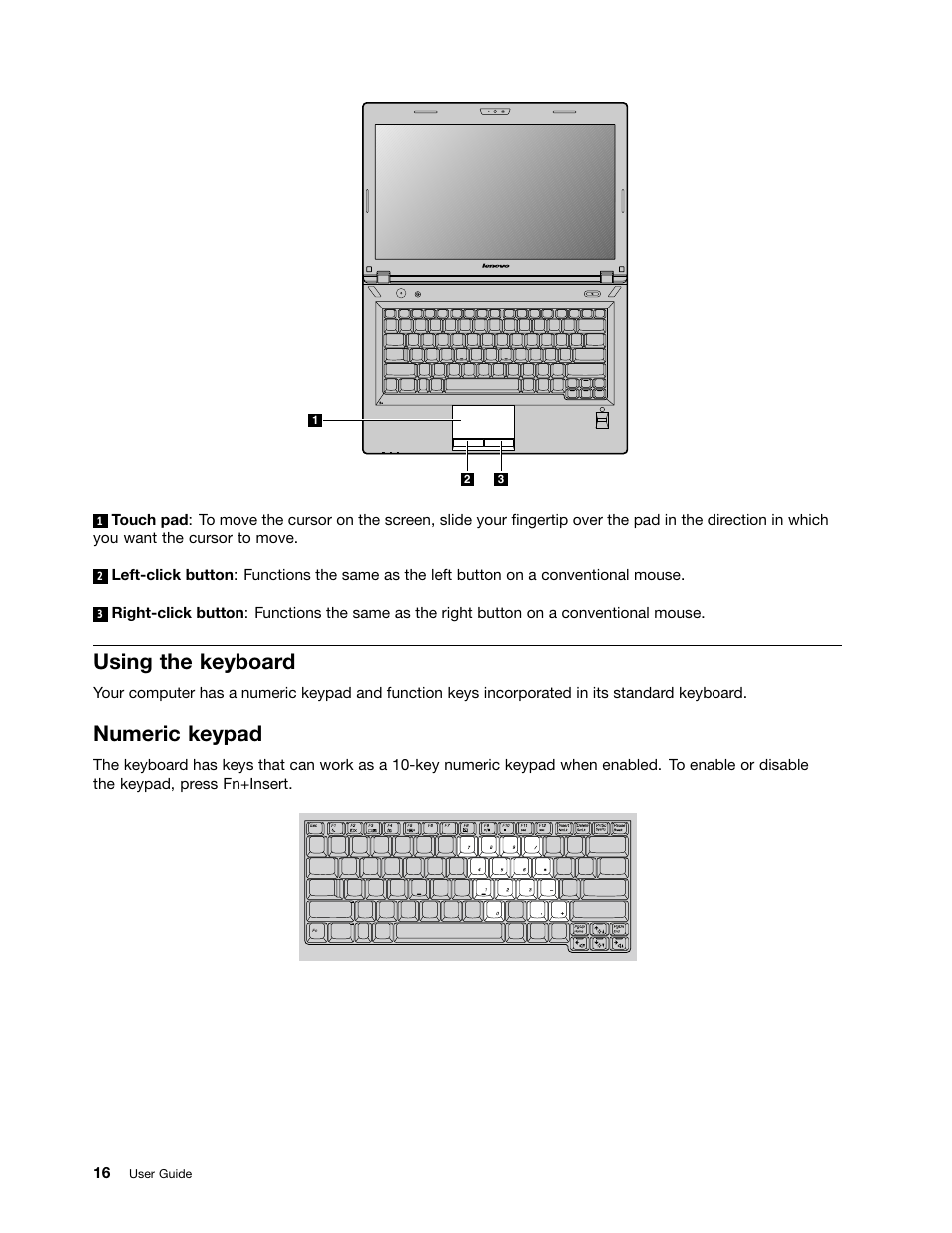 Using the keyboard, Numeric keypad | Lenovo E49 Notebook User Manual | Page 30 / 80