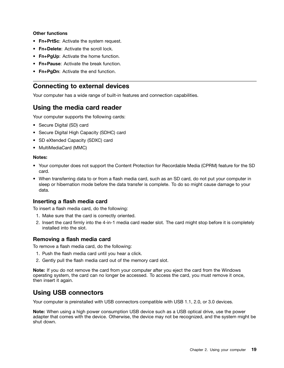 Connecting to external devices, Using the media card reader, Using usb connectors | Lenovo E49 Notebook User Manual | Page 33 / 80