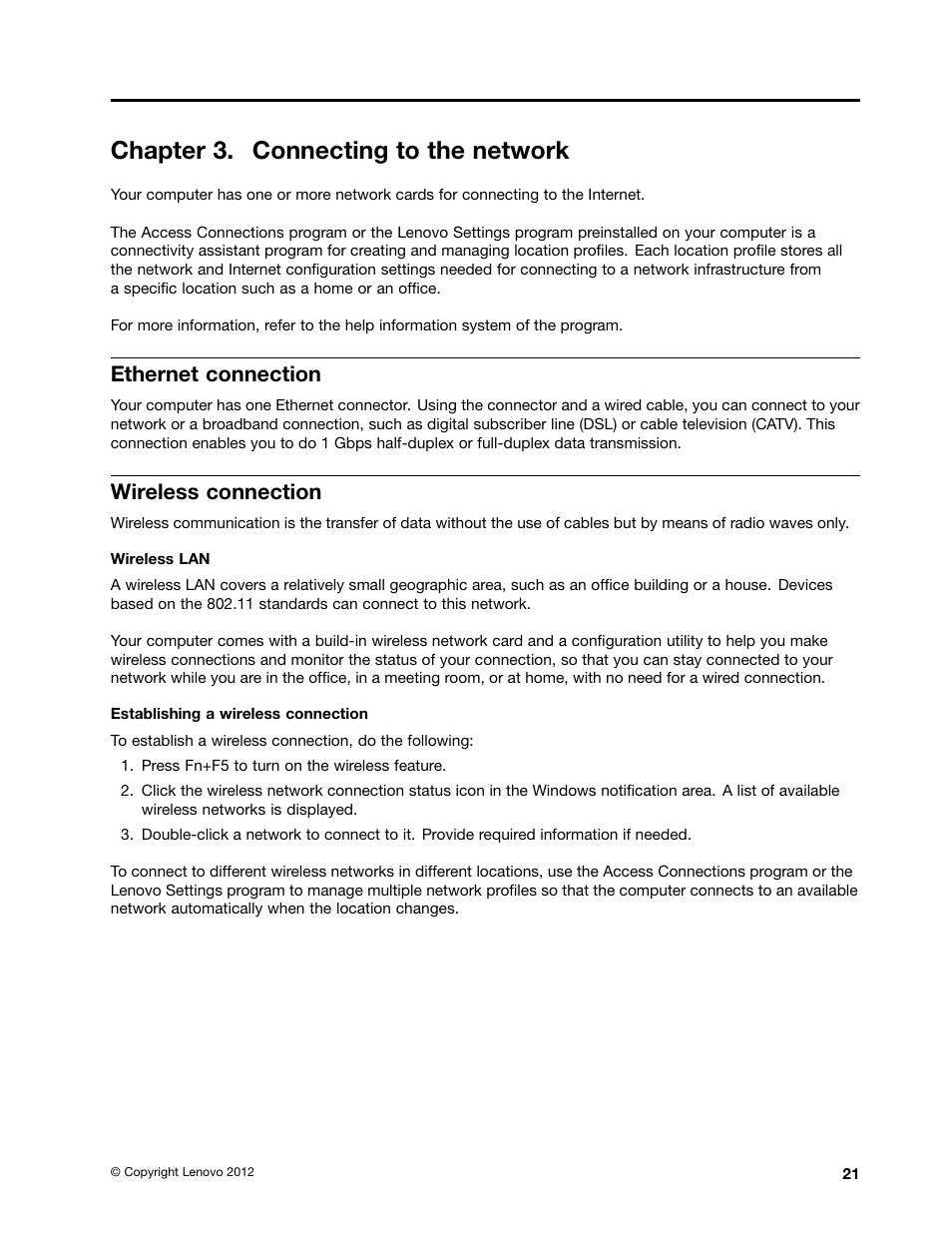 Chapter 3. connecting to the network, Ethernet connection, Wireless connection | Lenovo E49 Notebook User Manual | Page 35 / 80