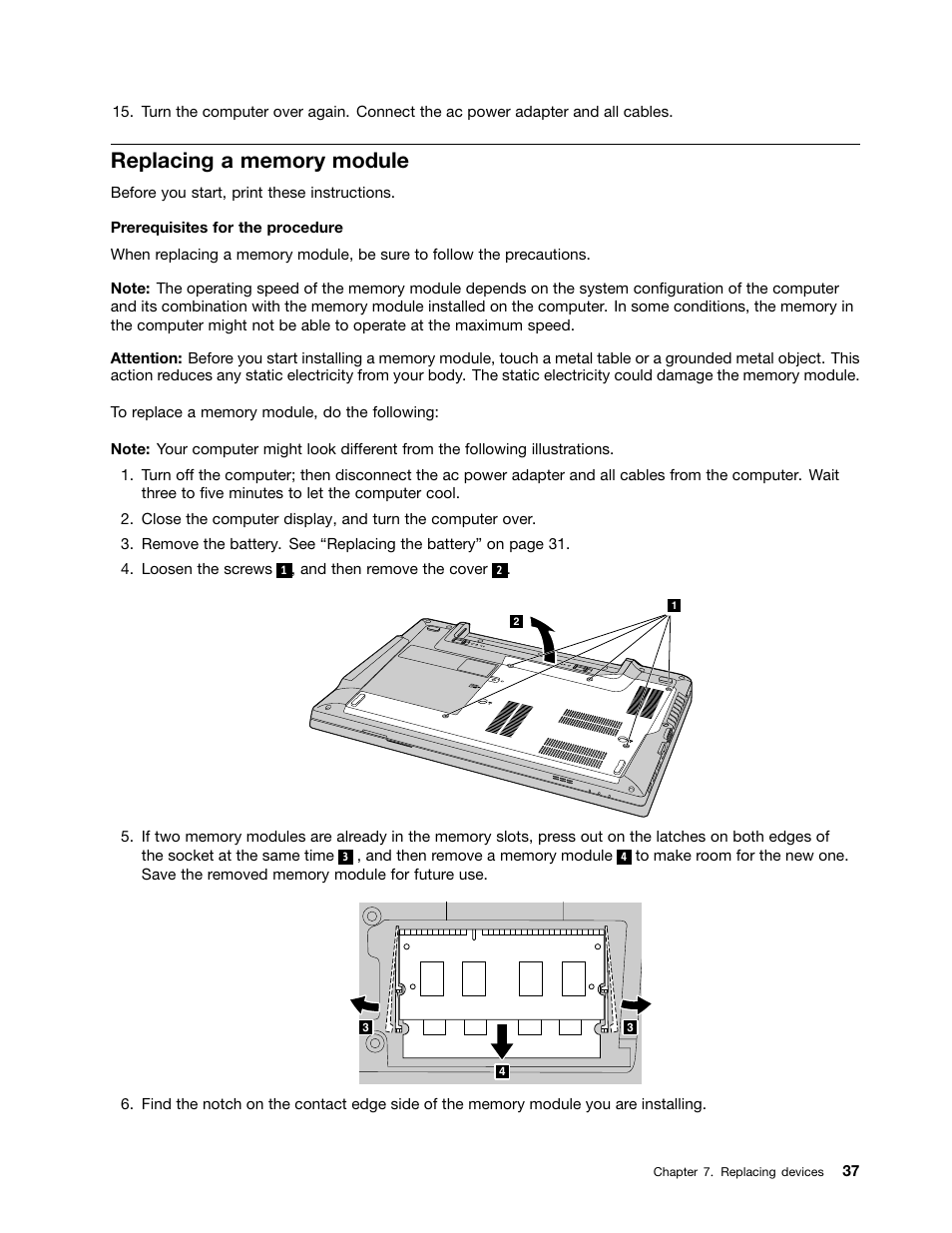 Replacing a memory module | Lenovo E49 Notebook User Manual | Page 51 / 80