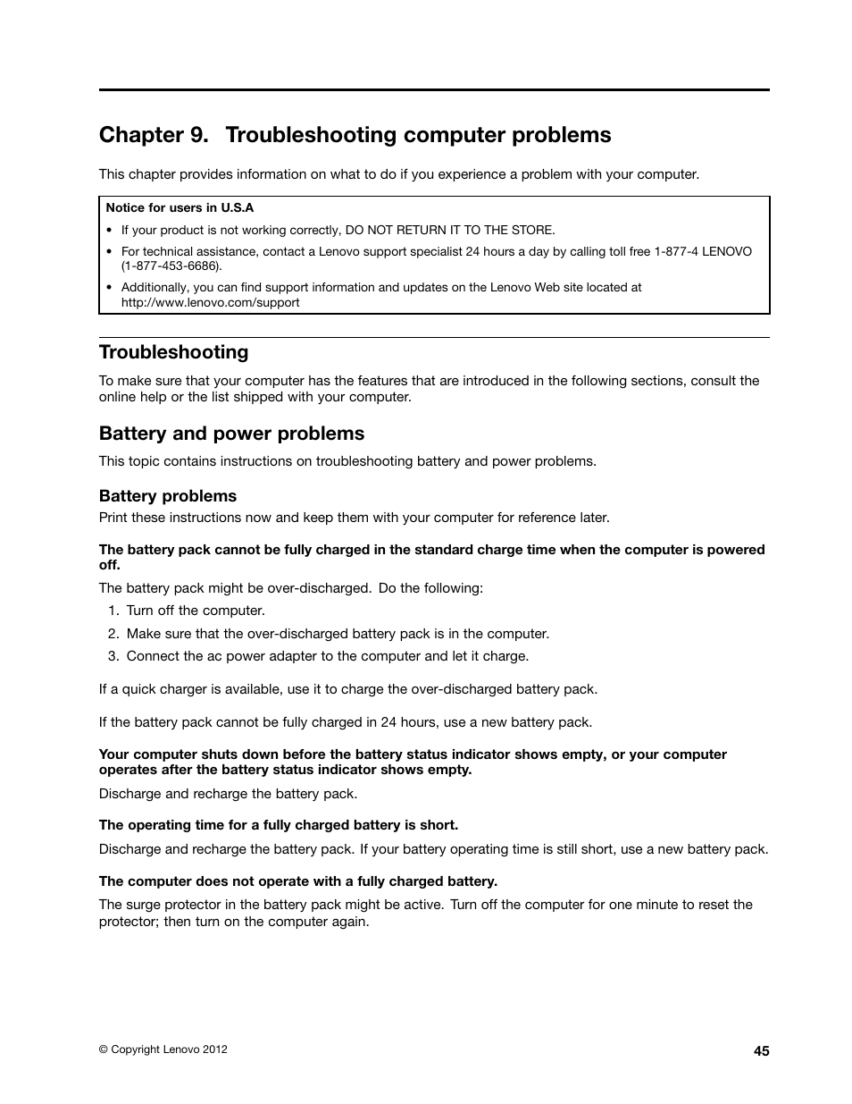 Chapter 9. troubleshooting computer problems, Troubleshooting, Battery and power problems | Lenovo E49 Notebook User Manual | Page 59 / 80