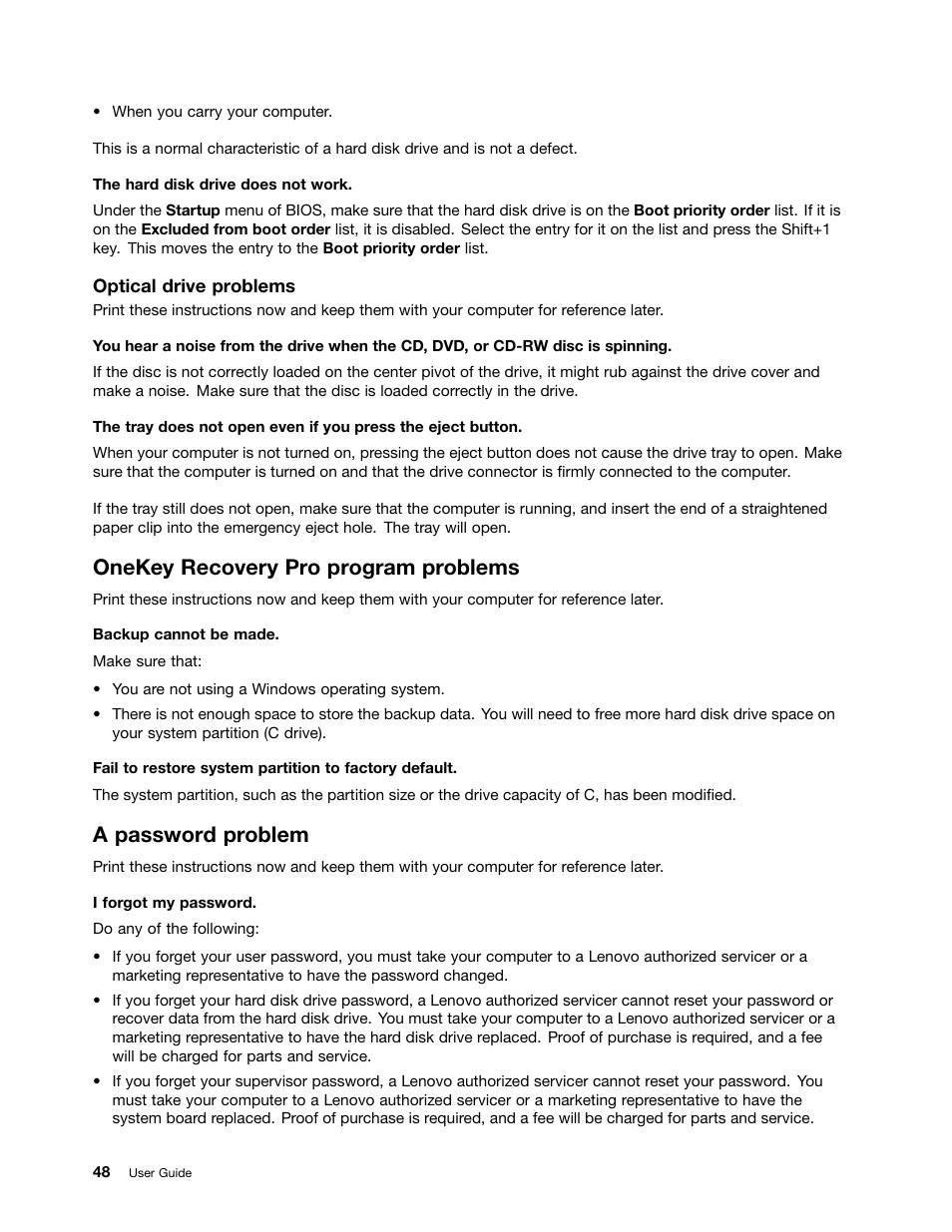 Onekey recovery pro program problems, A password problem | Lenovo E49 Notebook User Manual | Page 62 / 80