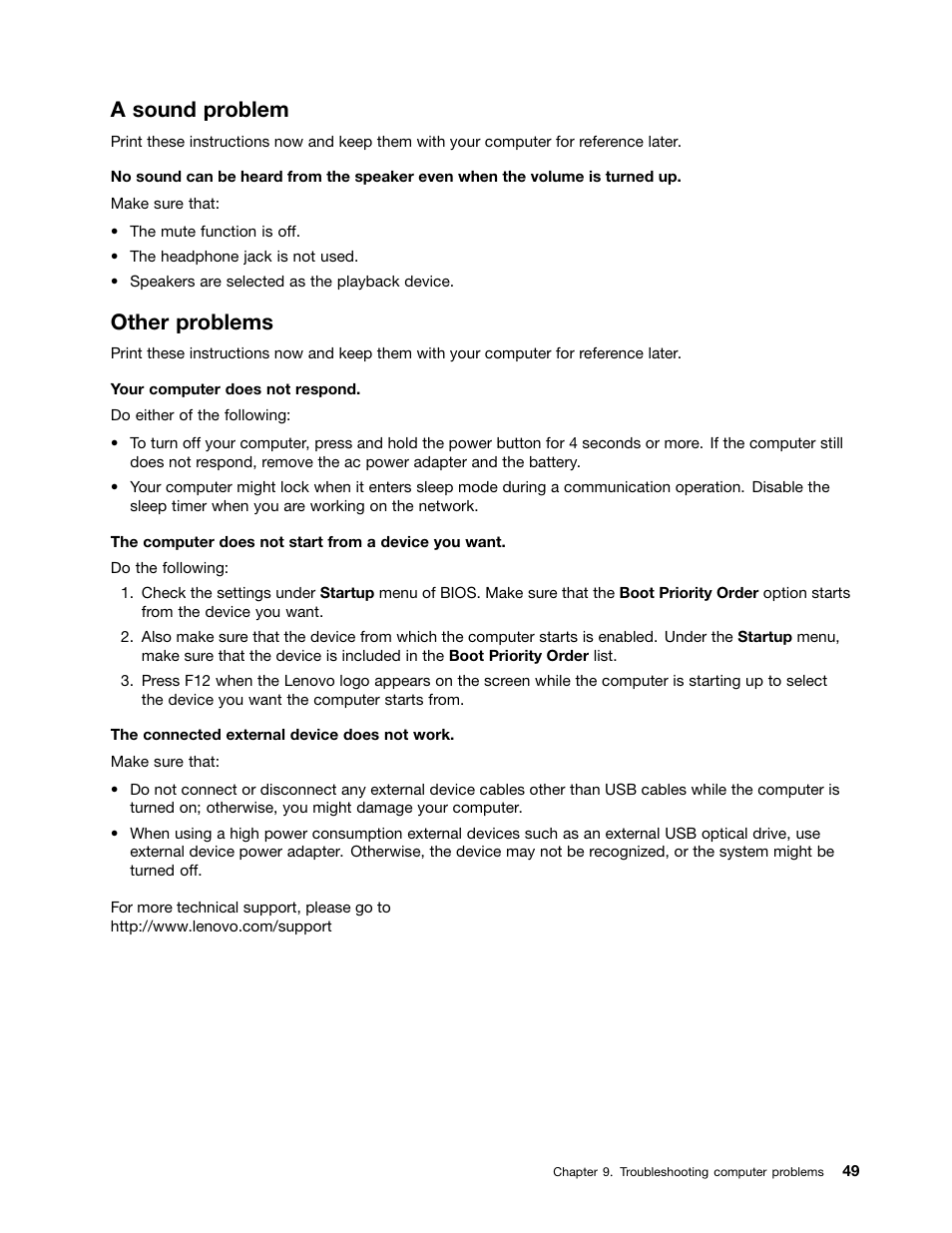 A sound problem, Other problems | Lenovo E49 Notebook User Manual | Page 63 / 80