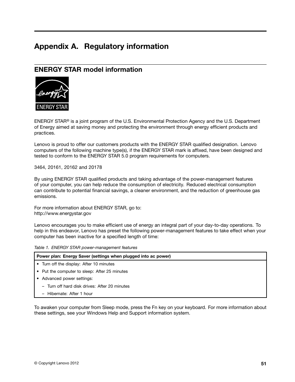 Appendix a. regulatory information, Energy star model information | Lenovo E49 Notebook User Manual | Page 65 / 80