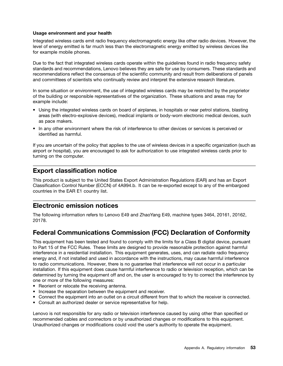Export classification notice, Electronic emission notices | Lenovo E49 Notebook User Manual | Page 67 / 80