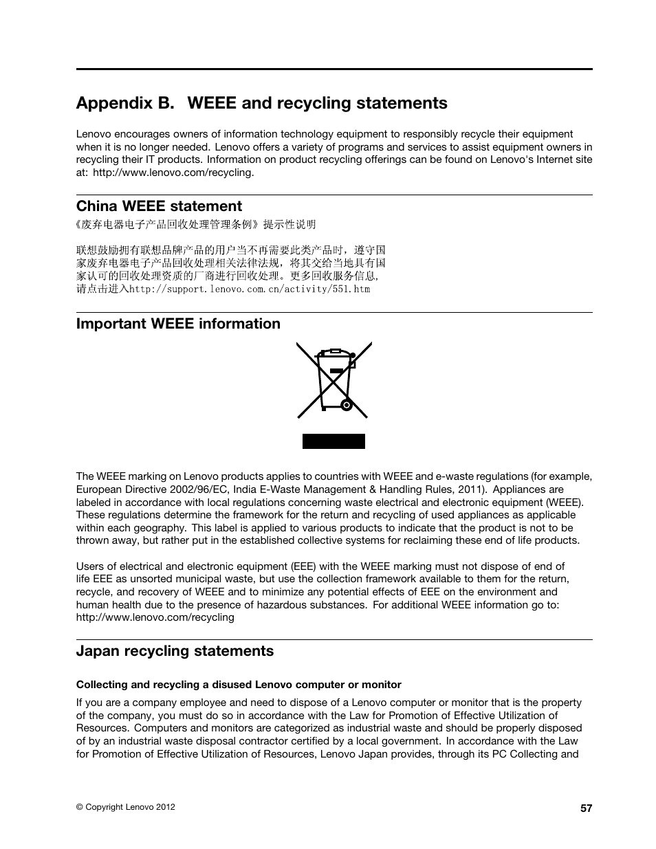 Appendix b. weee and recycling statements, China weee statement, Important weee information | Japan recycling statements, China weee statement important weee information | Lenovo E49 Notebook User Manual | Page 71 / 80