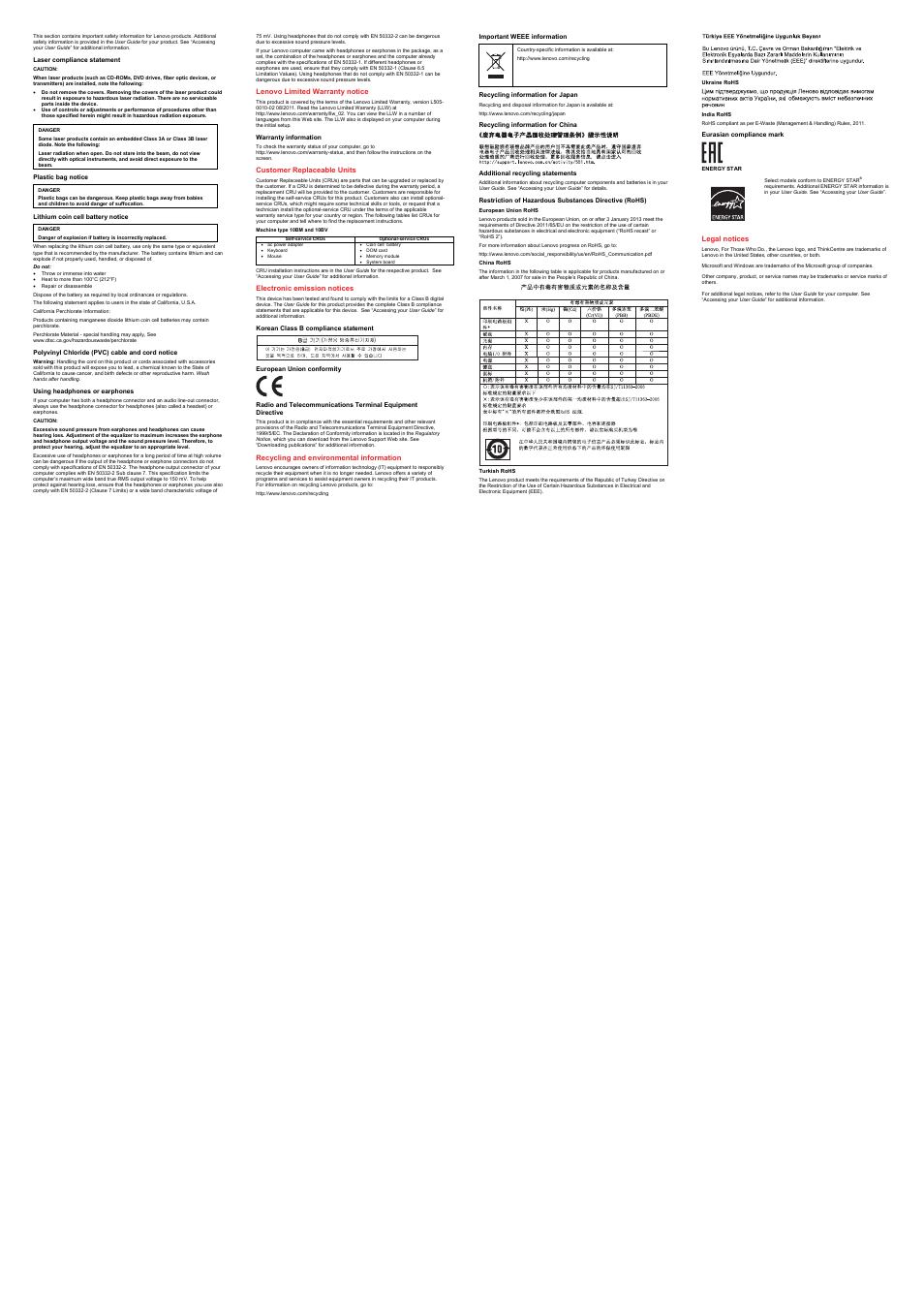 Lithium coin cell battery notice, Warranty information, Korean class b compliance statement | European union conformity, Important weee information, Recycling information for china, Eurasian compliance mark | Lenovo ThinkCentre M32 User Manual | Page 2 / 2