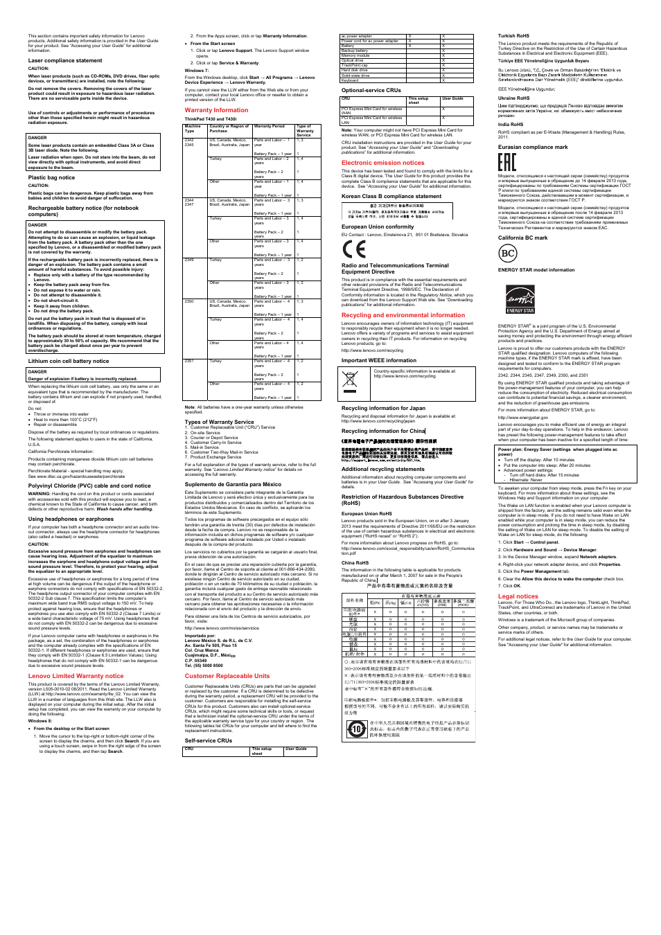 Laser compliance statement, Plastic bag notice, Lithium coin cell battery notice | Polyvinyl chloride (pvc) cable and cord notice, Using headphones or earphones, Lenovo limited warranty notice, Warranty information, Types of warranty service, Suplemento de garantía para méxico, Customer replaceable units | Lenovo ThinkPad T430 User Manual | Page 2 / 2