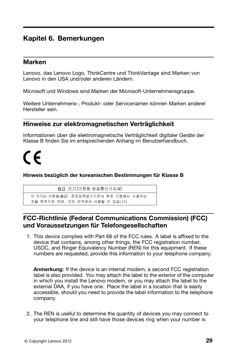 Kapitel 6. bemerkungen, Marken, Hinweise zur elektromagnetischen verträglichkeit | Lenovo ThinkCentre Edge 71z User Manual | Page 101 / 176