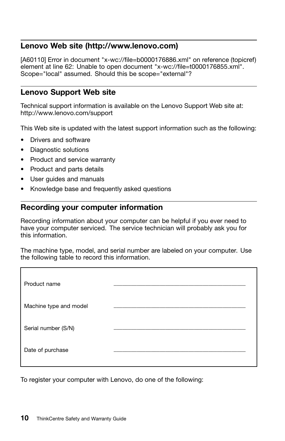 Lenovo web site (http://www.lenovo.com), Lenovo support web site, Recording your computer information | Lenovo ThinkCentre Edge 71z User Manual | Page 14 / 176