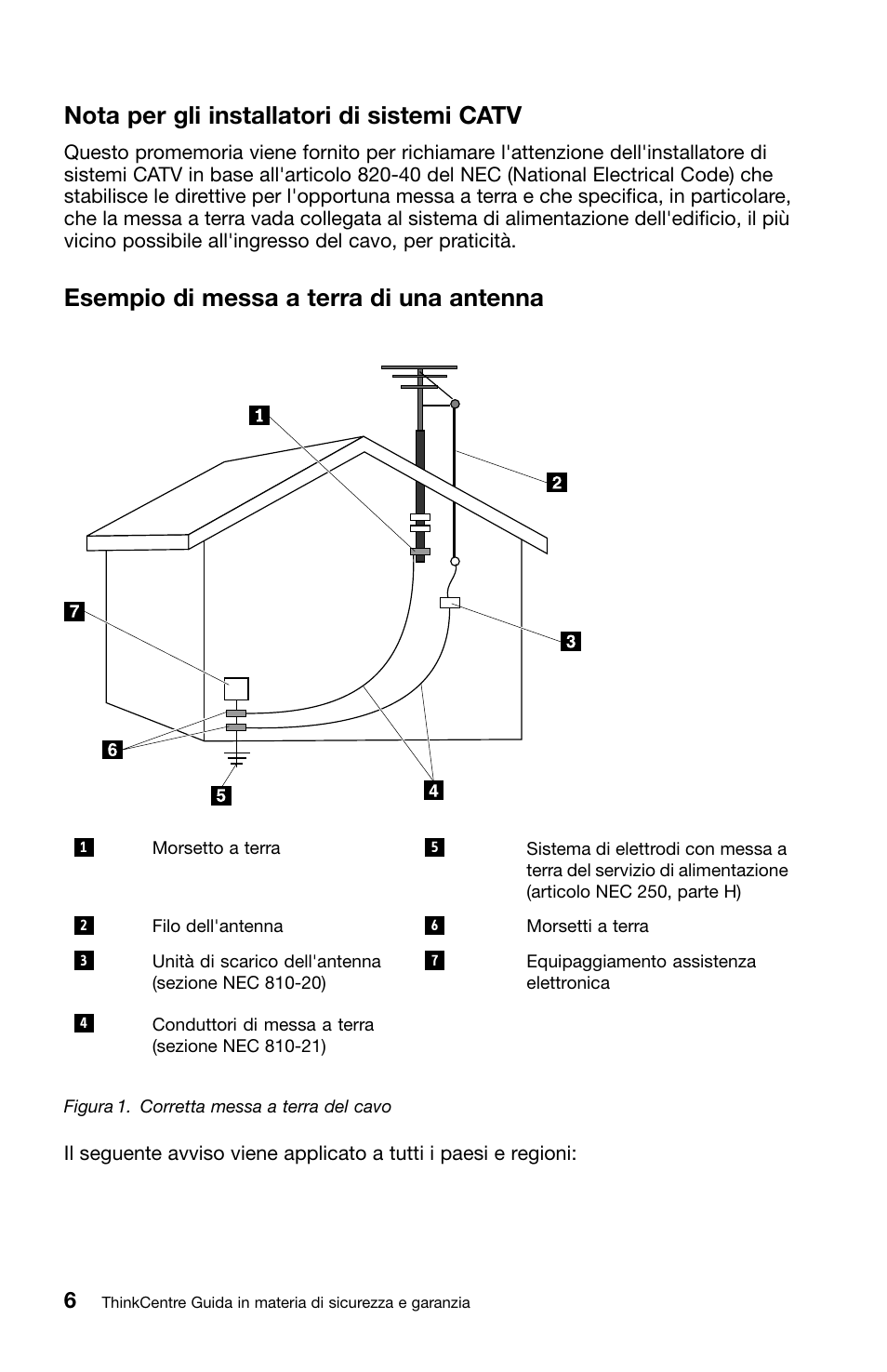 Nota per gli installatori di sistemi catv, Esempio di messa a terra di una antenna | Lenovo ThinkCentre Edge 71z User Manual | Page 148 / 176