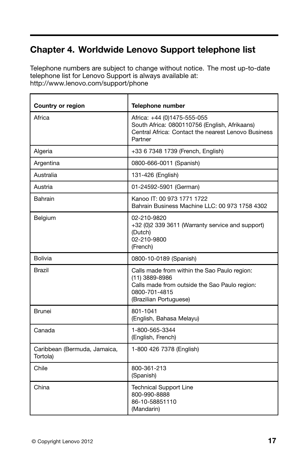Chapter 4. worldwide lenovo support telephone list | Lenovo ThinkCentre Edge 71z User Manual | Page 21 / 176