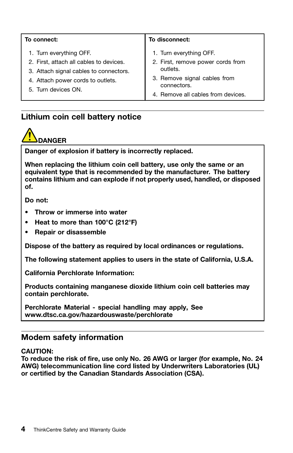 Lithium coin cell battery notice, Modem safety information | Lenovo ThinkCentre Edge 71z User Manual | Page 8 / 176