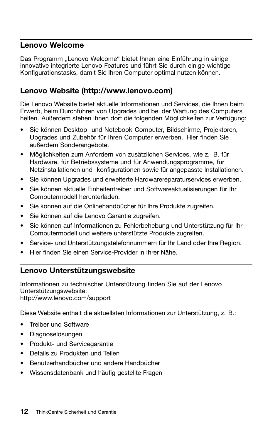 Lenovo welcome, Lenovo website (http://www.lenovo.com), Lenovo unterstützungswebsite | Lenovo ThinkCentre Edge 71z User Manual | Page 84 / 176