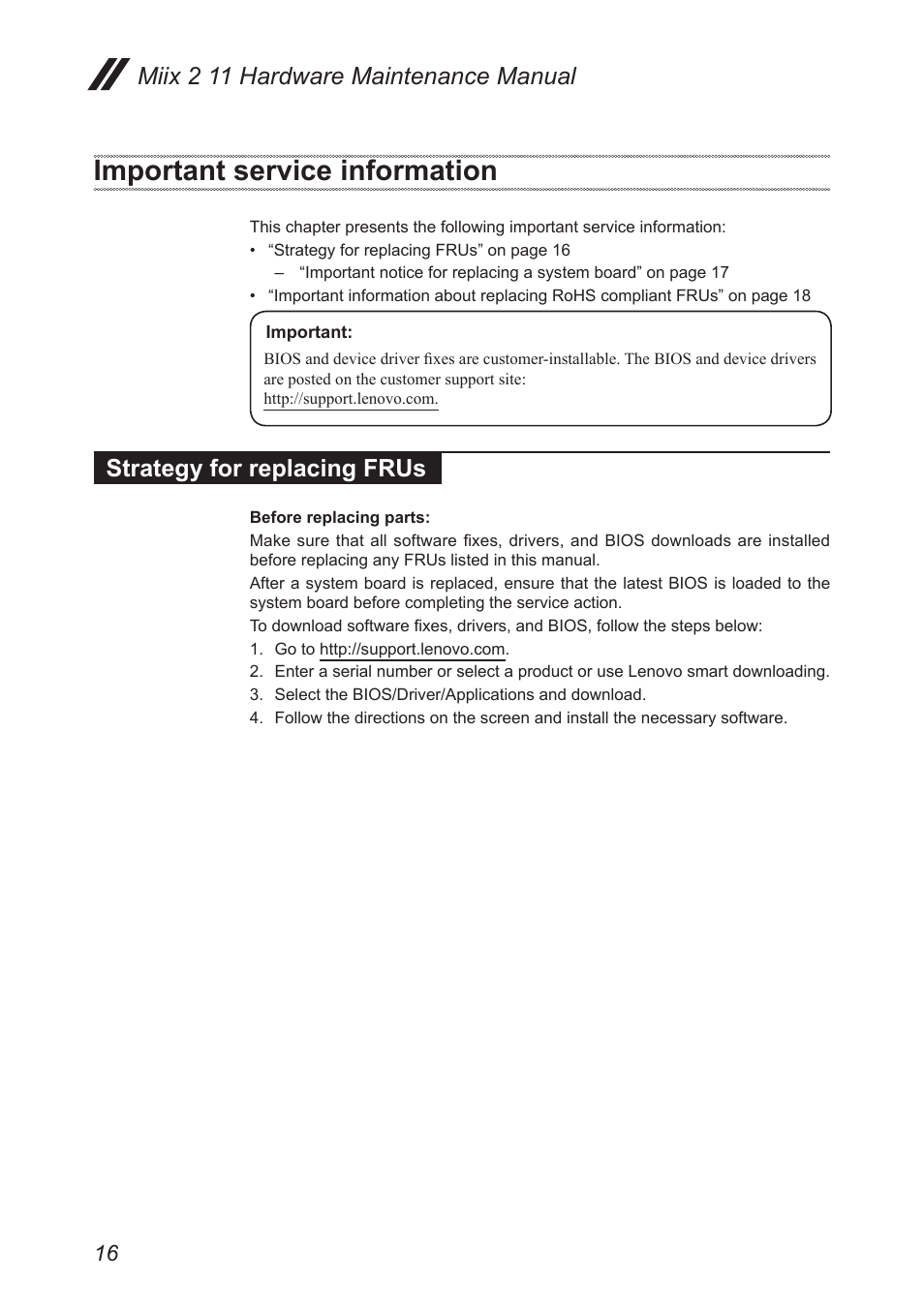 Important service information, Strategy for replacing frus, Miix 2 11 hardware maintenance manual | Lenovo Miix 2 11 Tablet Lenovo User Manual | Page 20 / 69