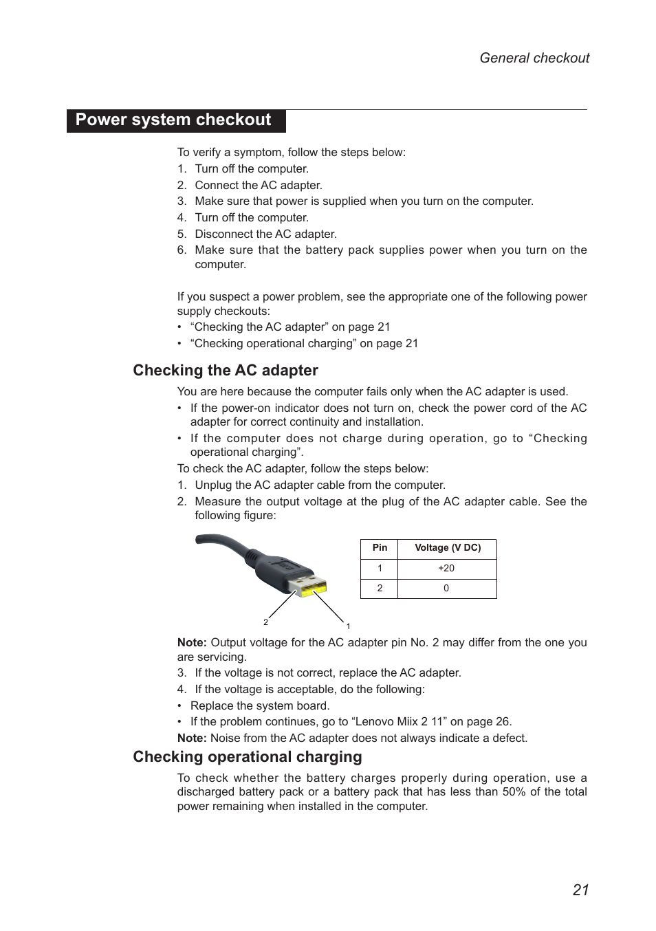 Power system checkout, Checking the ac adapter, Checking operational charging | Lenovo Miix 2 11 Tablet Lenovo User Manual | Page 25 / 69