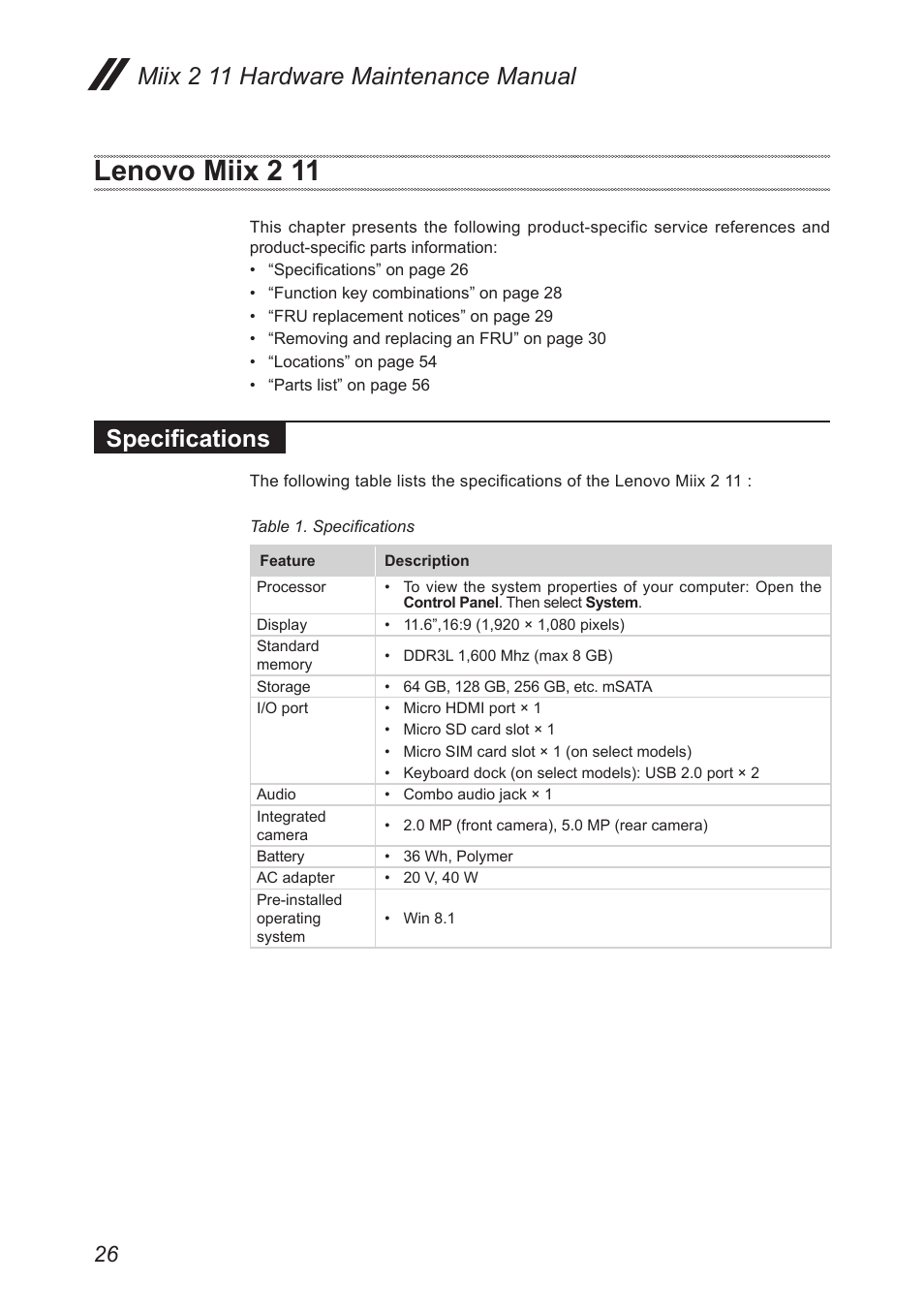 Lenovo miix 2 11, Specifications, Miix 2 11 hardware maintenance manual | Lenovo Miix 2 11 Tablet Lenovo User Manual | Page 30 / 69