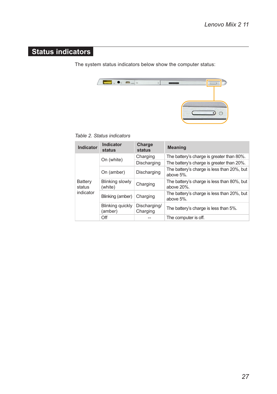 Status indicators, Lenovo miix 2 11 | Lenovo Miix 2 11 Tablet Lenovo User Manual | Page 31 / 69