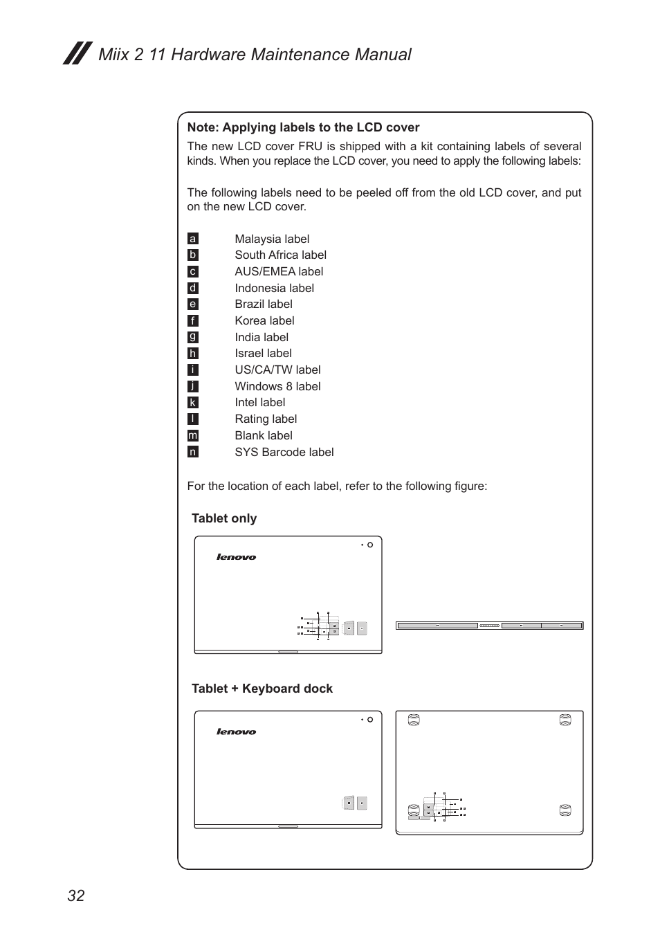 Miix 2 11 hardware maintenance manual, Tablet only, Tablet + keyboard dock | Malaysia label, South africa label, Aus/emea label, Indonesia label, Brazil label, Korea label, India label | Lenovo Miix 2 11 Tablet Lenovo User Manual | Page 36 / 69