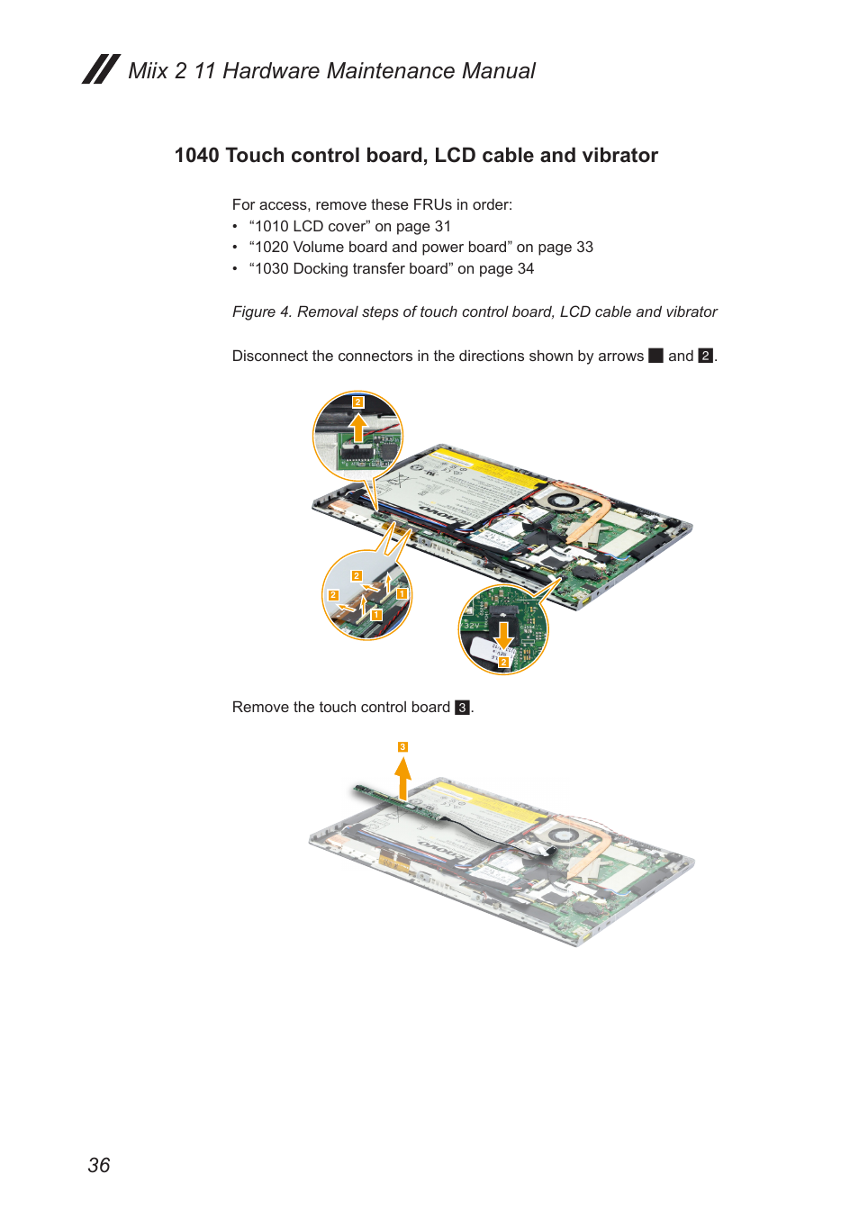 1040 touch control board, lcd cable and vibrator, 1040 touch control board, lcd cable, And vibrator | Miix 2 11 hardware maintenance manual | Lenovo Miix 2 11 Tablet Lenovo User Manual | Page 40 / 69