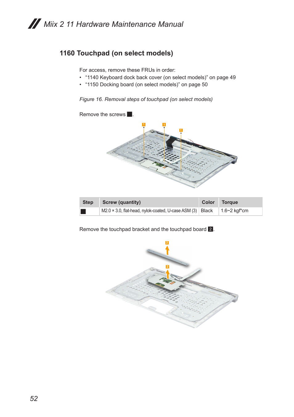 1160 touchpad (on select models), Miix 2 11 hardware maintenance manual | Lenovo Miix 2 11 Tablet Lenovo User Manual | Page 56 / 69