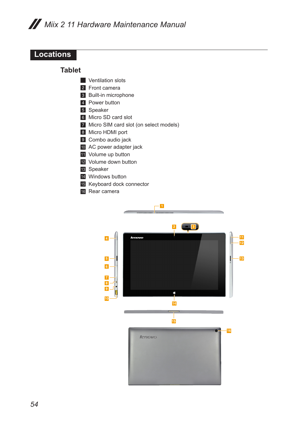 Locations, Tablet, Miix 2 11 hardware maintenance manual locations | Lenovo Miix 2 11 Tablet Lenovo User Manual | Page 58 / 69