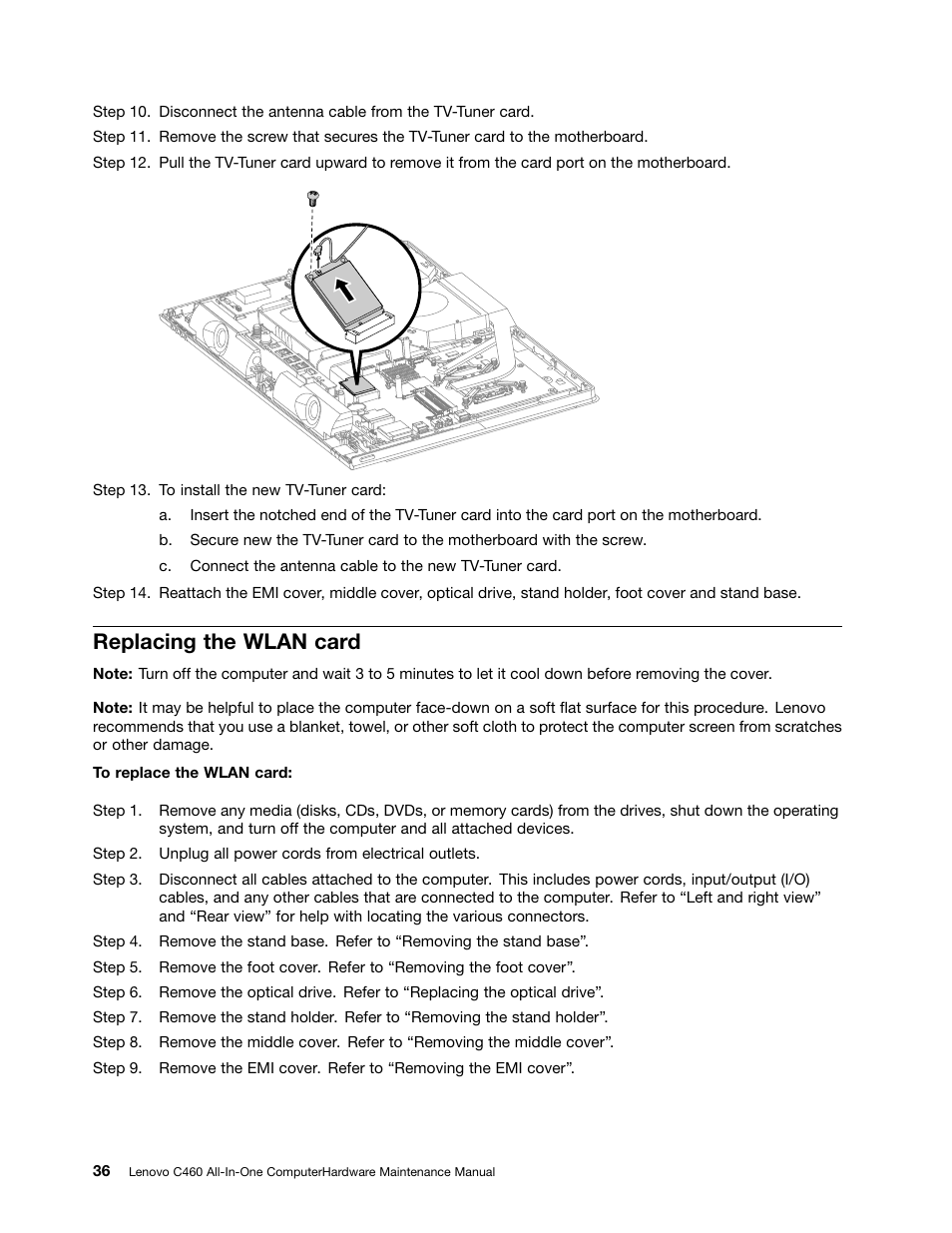 Replacing the wlan card | Lenovo C460 All-in-One User Manual | Page 42 / 61