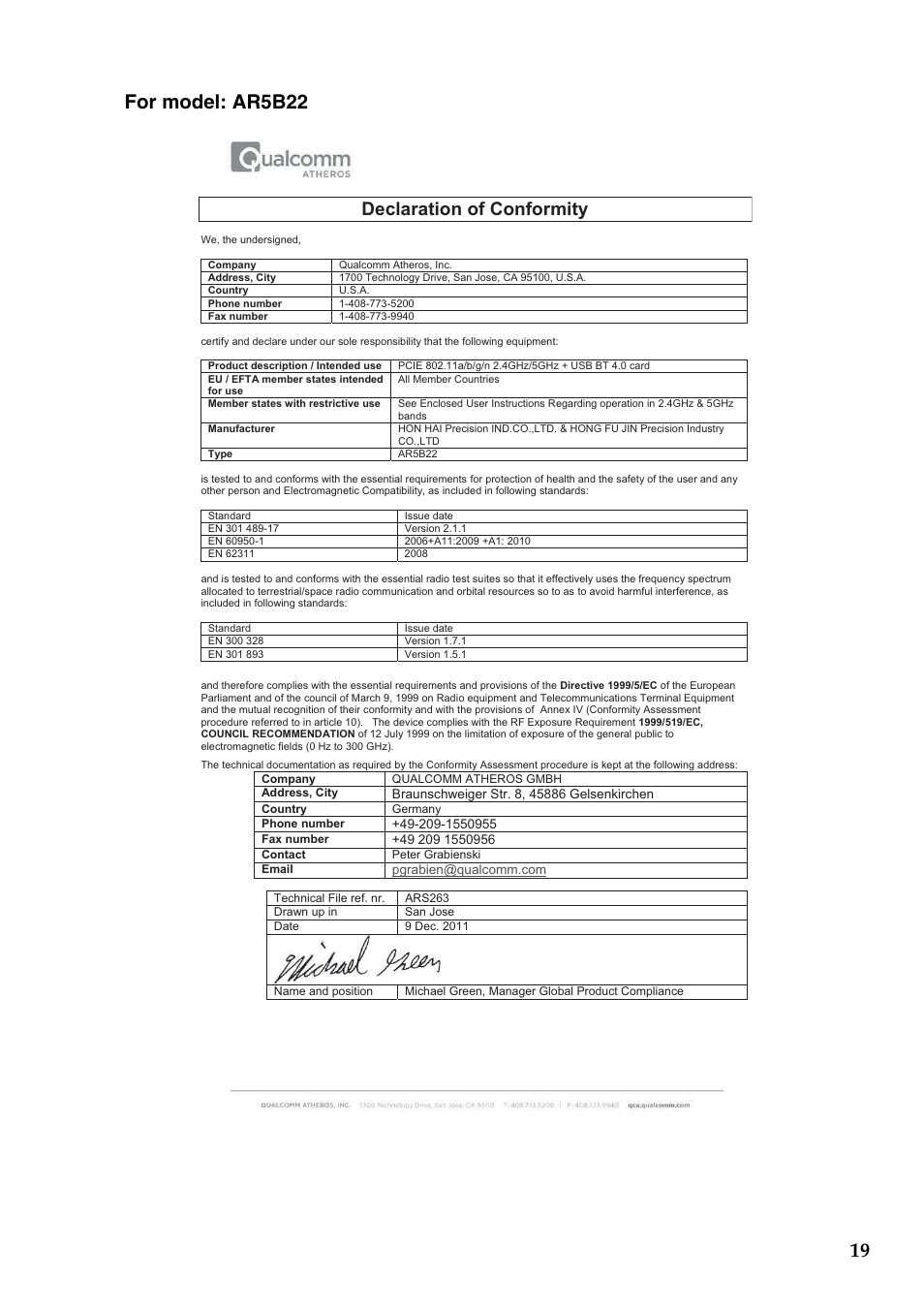 Declaration of conformity | Lenovo IdeaPad Y400 Notebook User Manual | Page 19 / 38