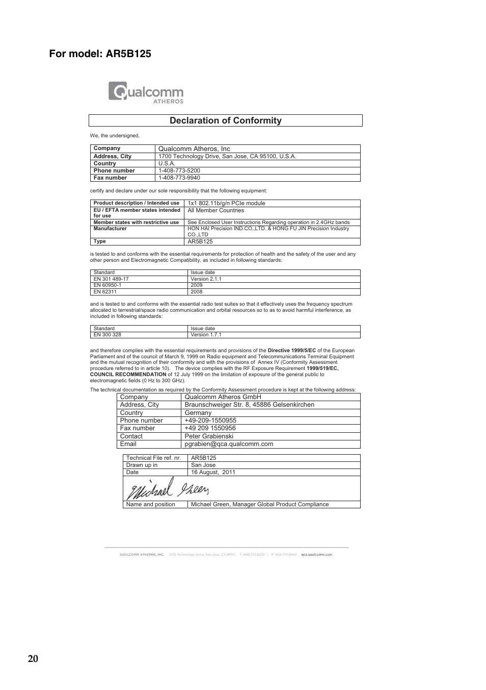 Declaration of conformity | Lenovo IdeaPad Y400 Notebook User Manual | Page 20 / 38