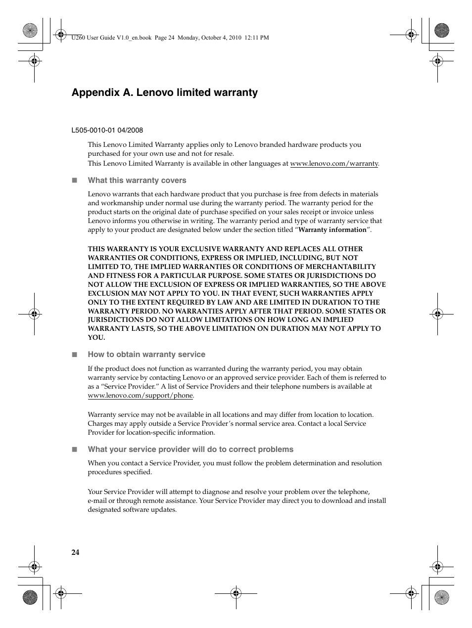 Appendix a. lenovo limited warranty | Lenovo IdeaPad U260 User Manual | Page 28 / 42