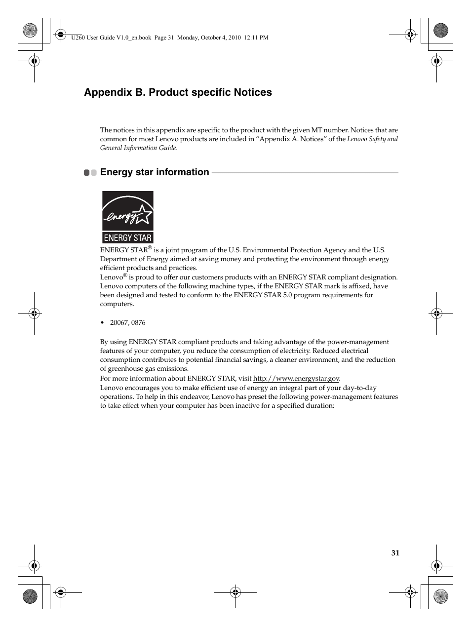 Appendix b. product specific notices, Energy star information | Lenovo IdeaPad U260 User Manual | Page 35 / 42