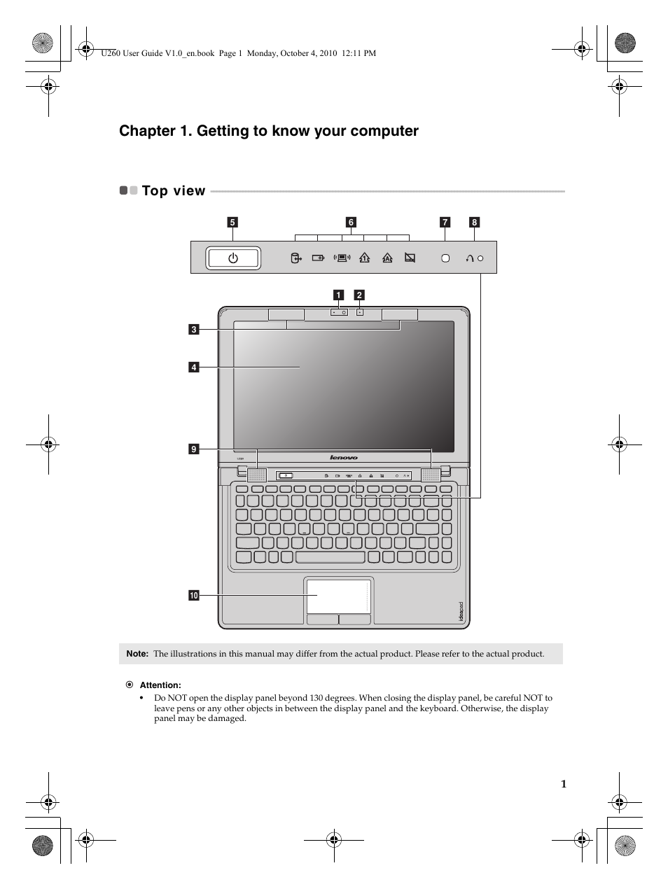 Chapter 1. getting to know your computer, Top view | Lenovo IdeaPad U260 User Manual | Page 5 / 42