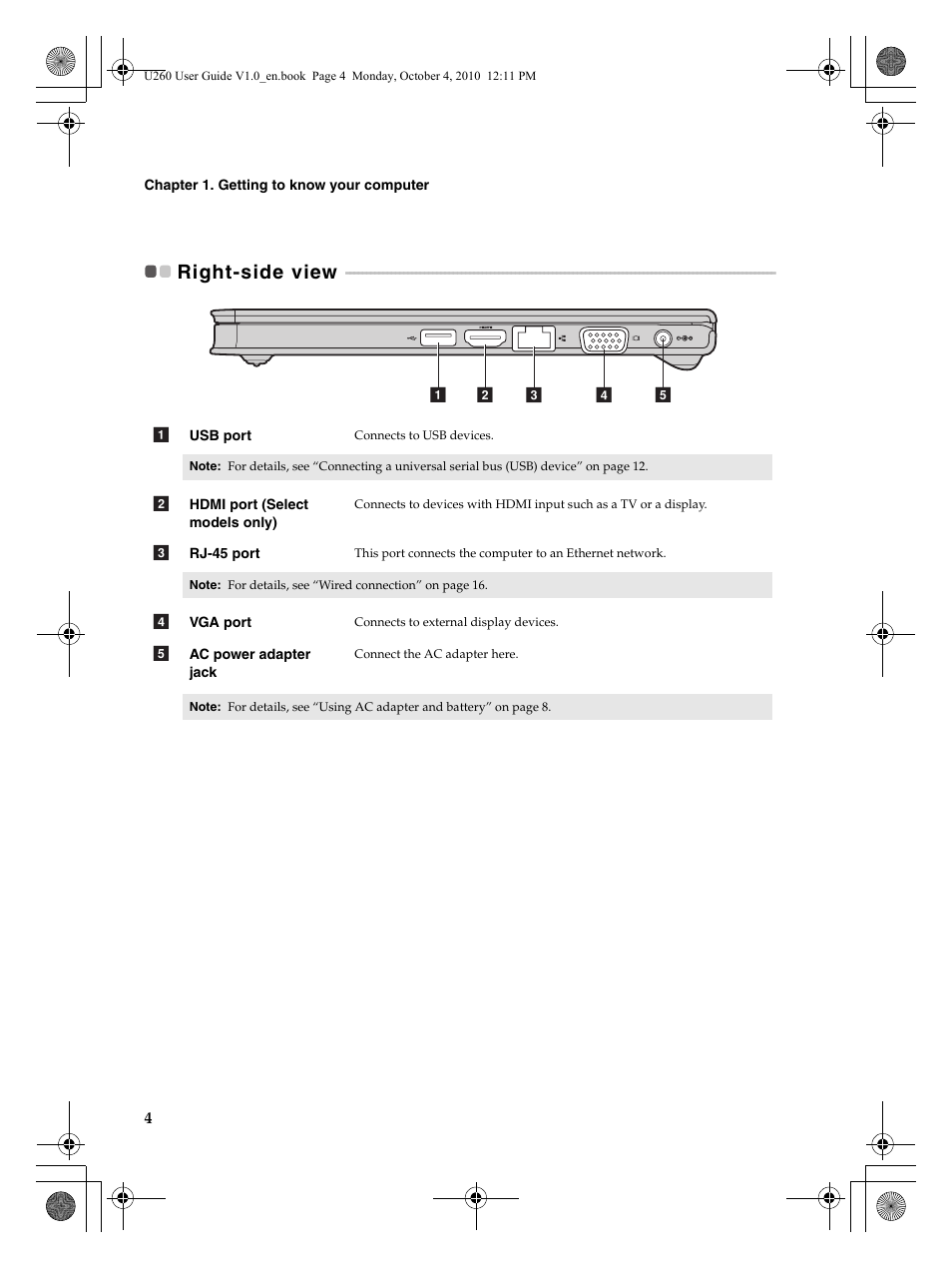 Right-side view | Lenovo IdeaPad U260 User Manual | Page 8 / 42