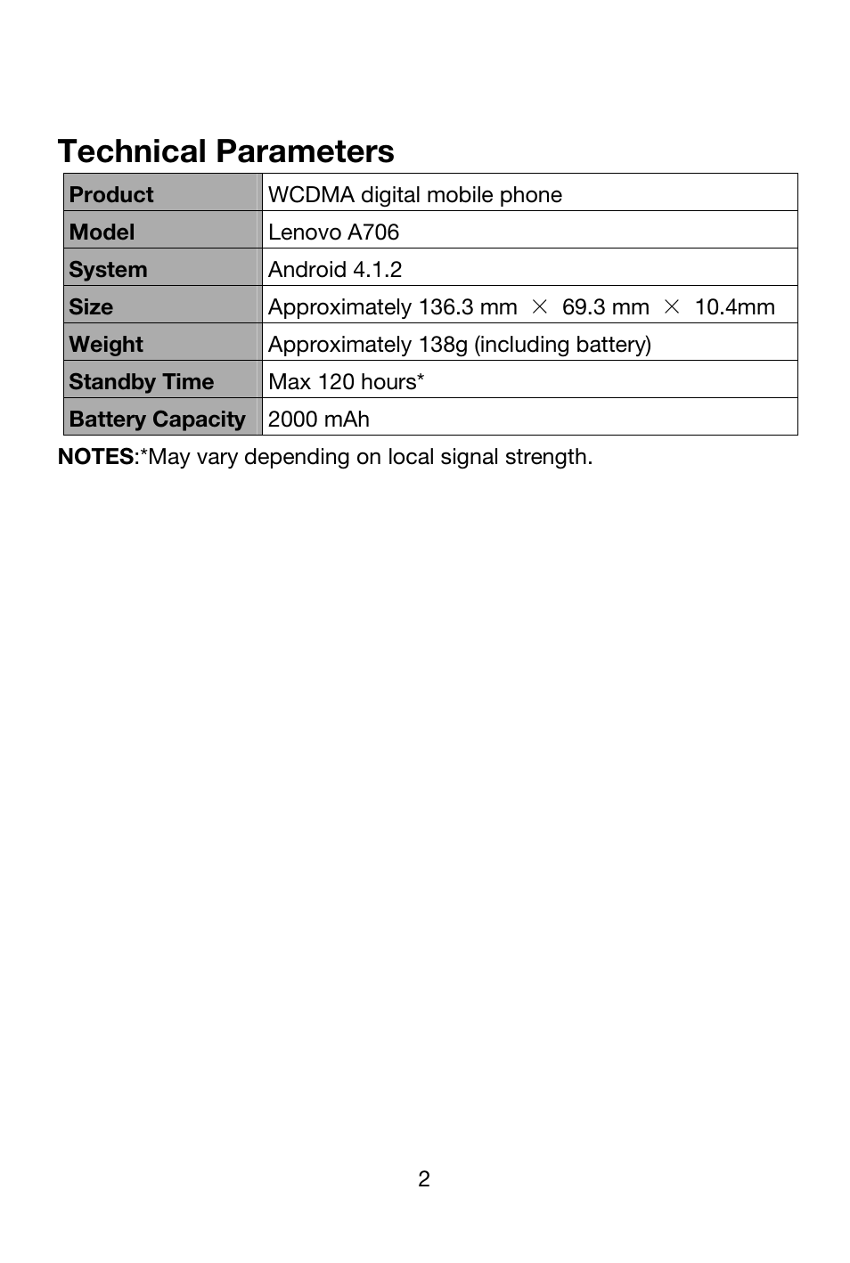 Technical parameters | Lenovo A706 Smartphone User Manual | Page 2 / 27