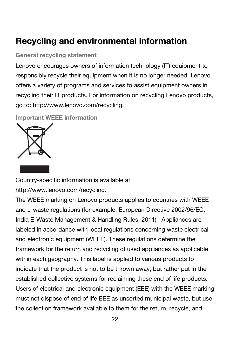 Recycling and environmental information | Lenovo A706 Smartphone User Manual | Page 22 / 27