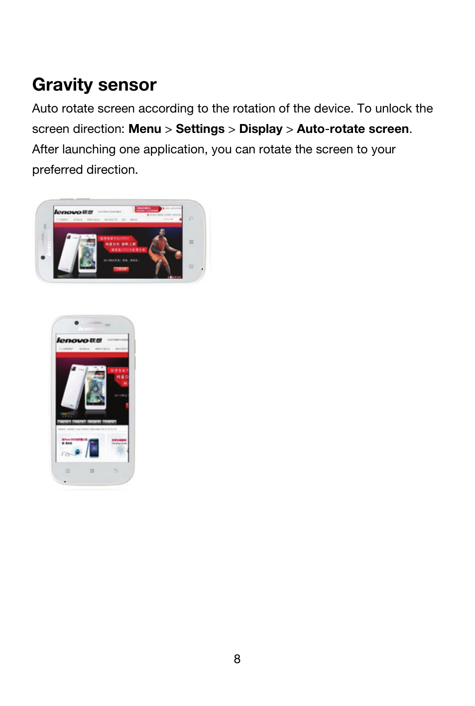 Gravity sensor | Lenovo A706 Smartphone User Manual | Page 8 / 27