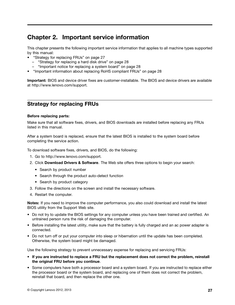 Chapter 2. important service information, Strategy for replacing frus | Lenovo K49 Notebook User Manual | Page 33 / 100