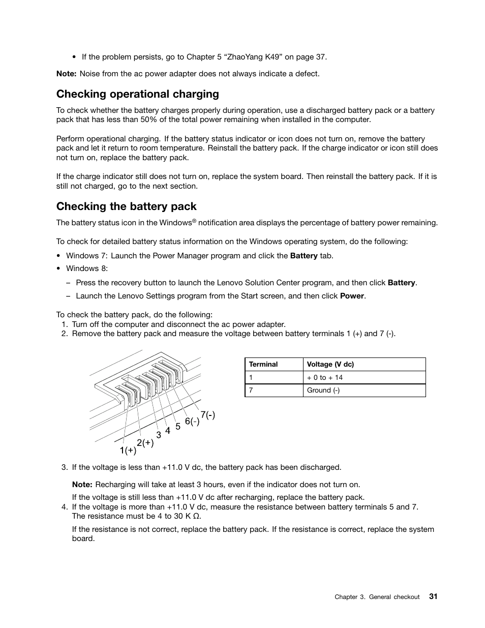 Checking operational charging, Checking the battery pack | Lenovo K49 Notebook User Manual | Page 37 / 100