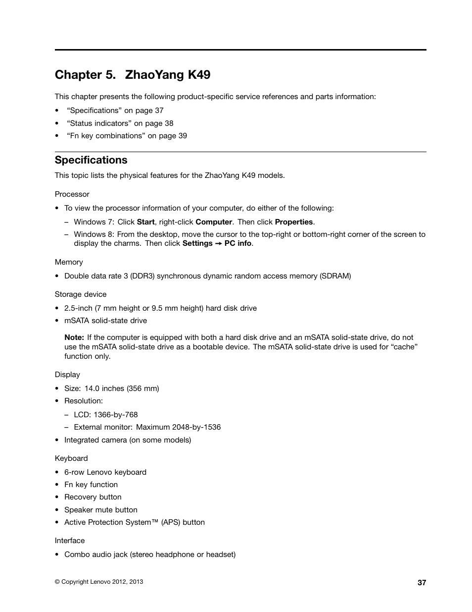 Chapter 5. zhaoyang k49, Specifications | Lenovo K49 Notebook User Manual | Page 43 / 100