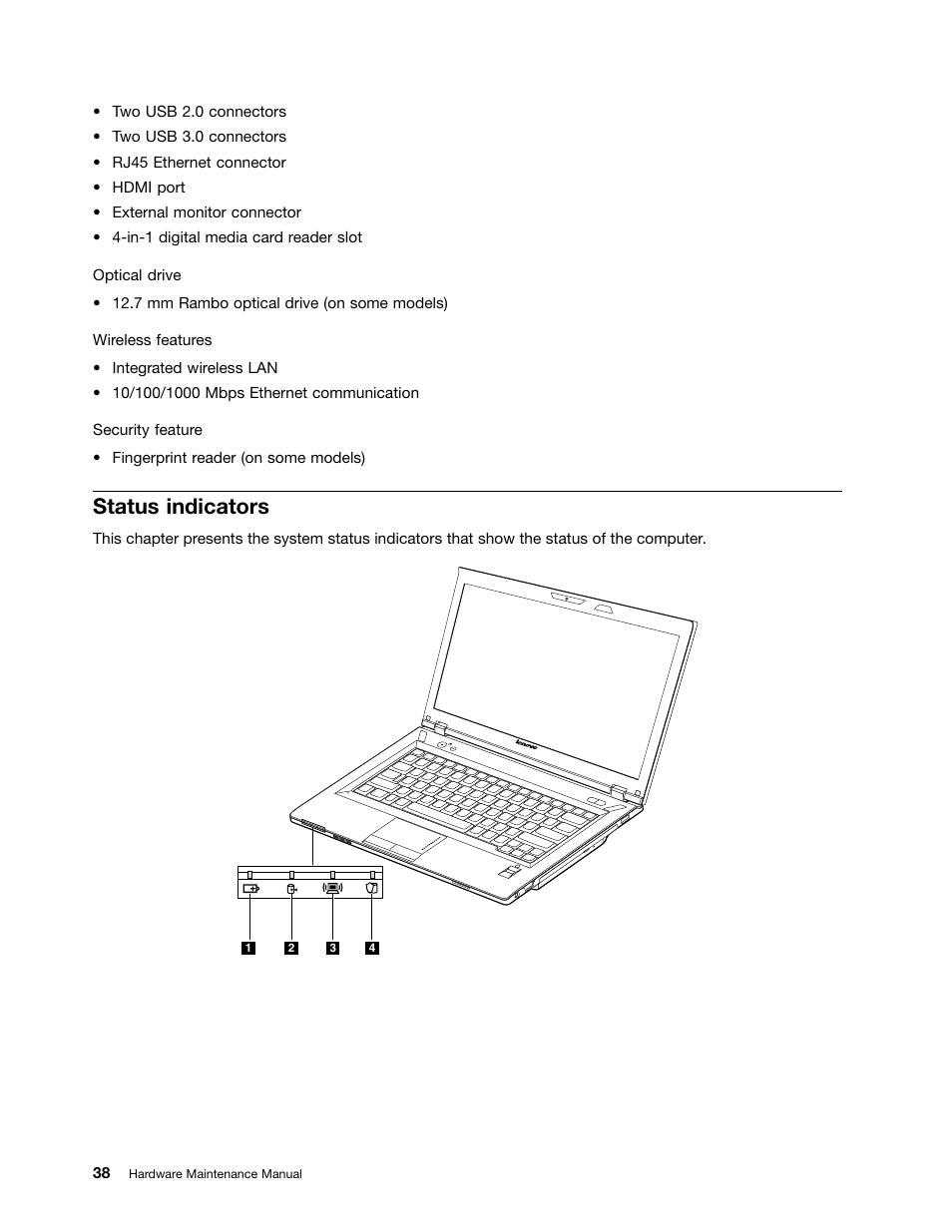 Status indicators | Lenovo K49 Notebook User Manual | Page 44 / 100