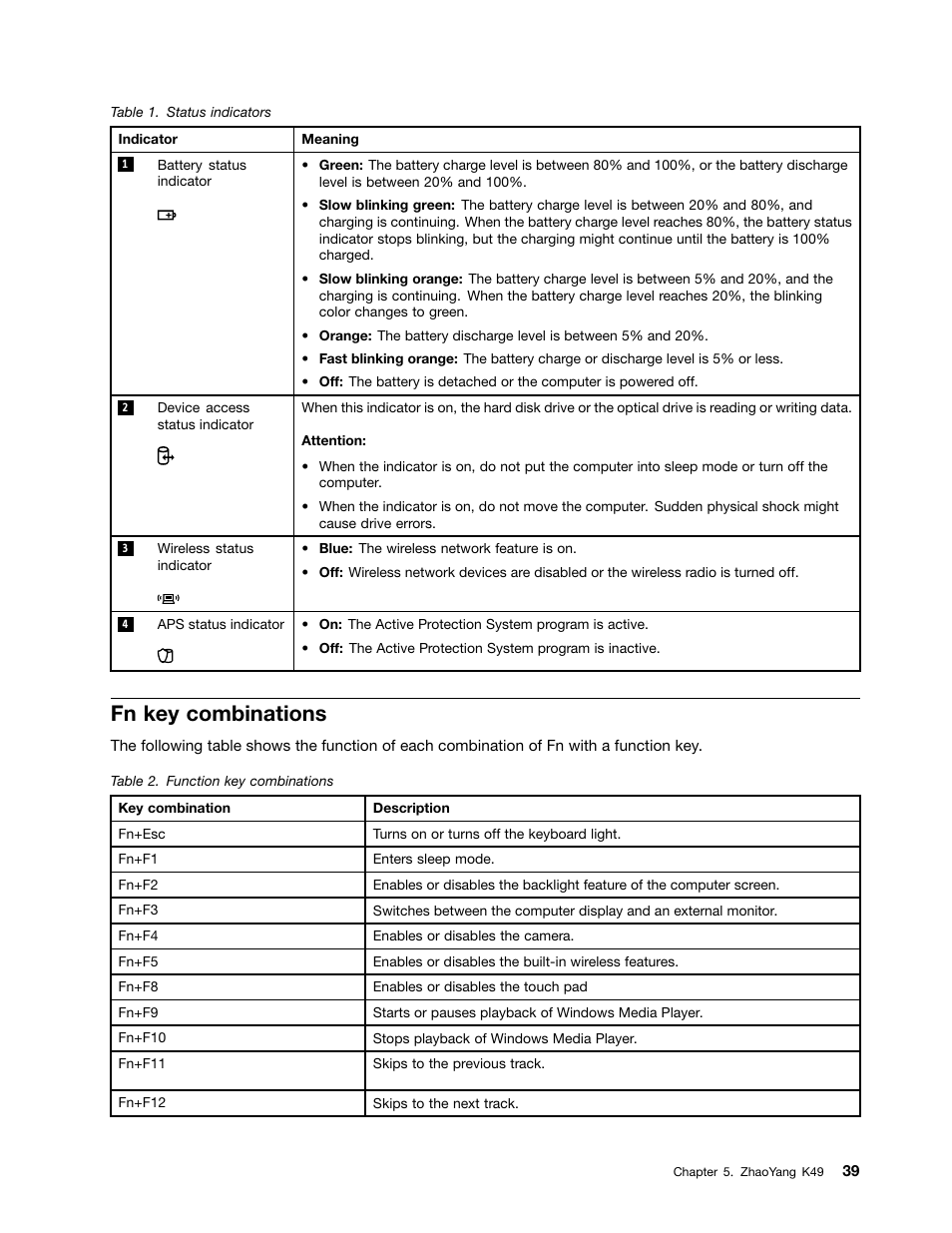 Fn key combinations | Lenovo K49 Notebook User Manual | Page 45 / 100