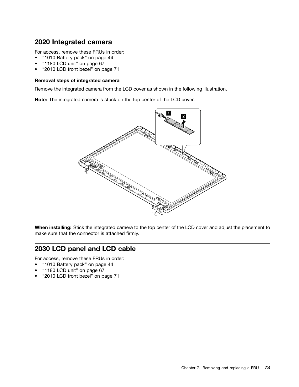 2020 integrated camera, 2030 lcd panel and lcd cable | Lenovo K49 Notebook User Manual | Page 79 / 100