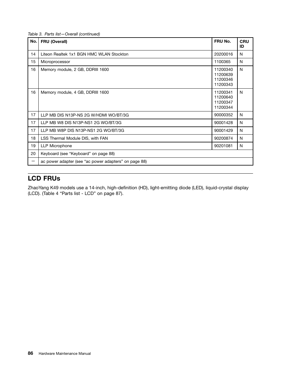 Lcd frus | Lenovo K49 Notebook User Manual | Page 92 / 100