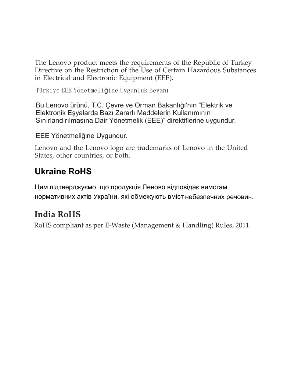 Turkish statement of compliance, Ukraine rohs, India rohs | Lenovo LI2041 Wide LCD Monitor User Manual | Page 17 / 17