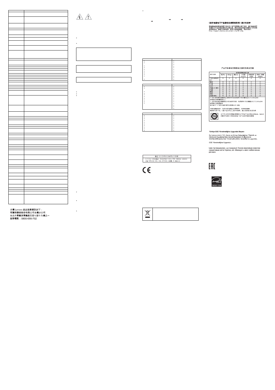 Lenovo product service information for taiwan, Safety information, Lithium coin cell battery notice | Warranty information, Korean class b compliance statement, European union conformity, Important weee information, Recycling information for china, Eurasian compliance mark | Lenovo ThinkCentre M93 User Manual | Page 2 / 2