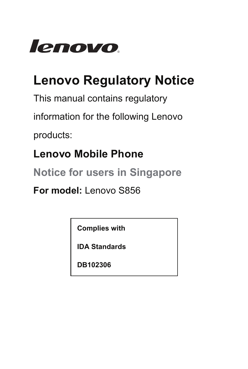 Lenovo S856 Smartphone User Manual | 2 pages