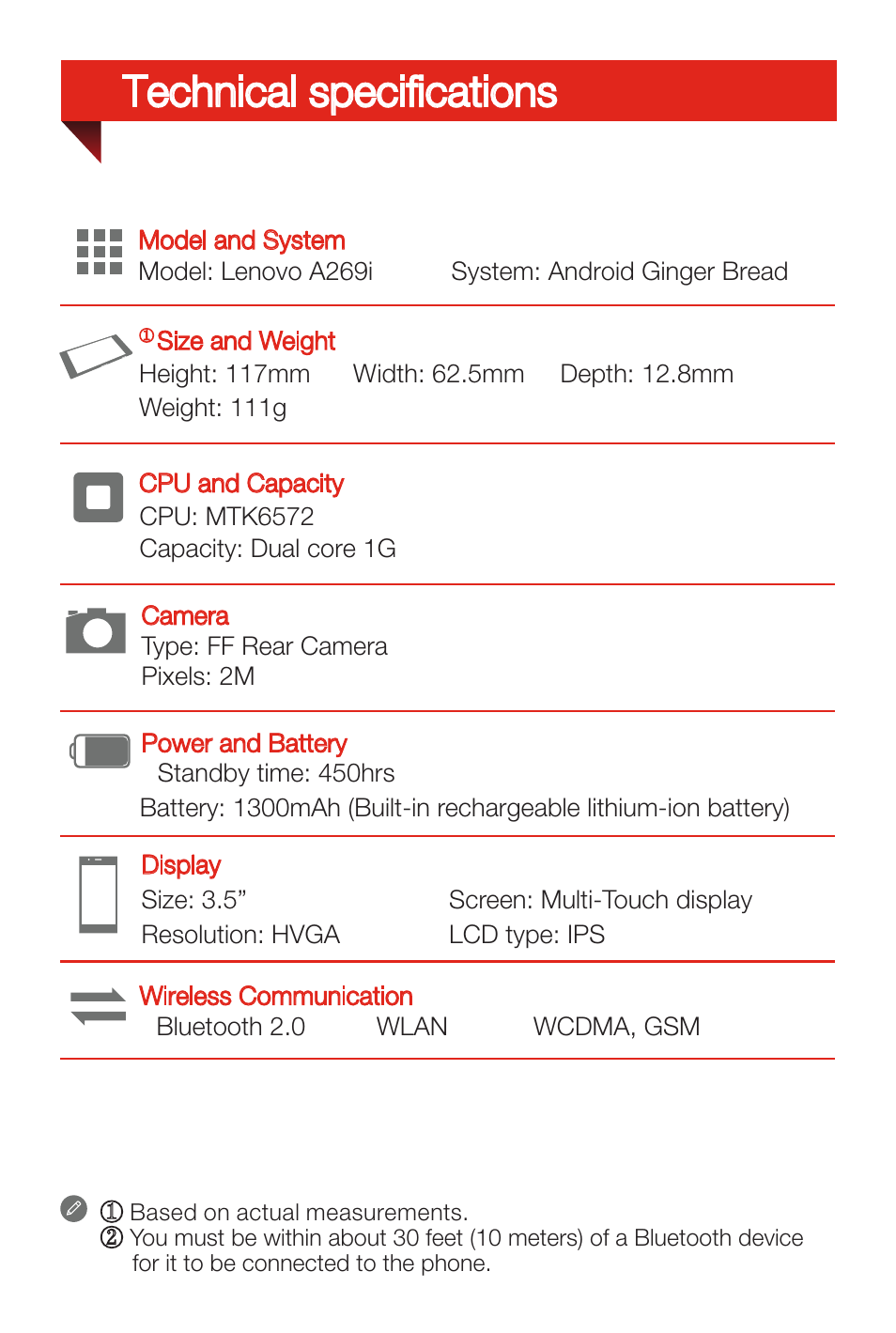 Technical specifications | Lenovo A269i Smartphone User Manual | Page 3 / 6