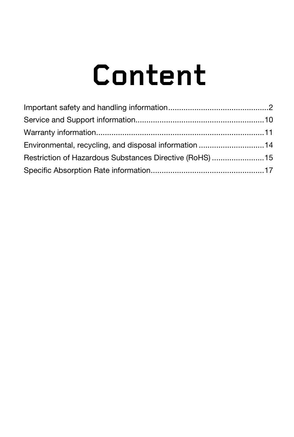 Content | Lenovo A516 Smartphone User Manual | Page 2 / 20